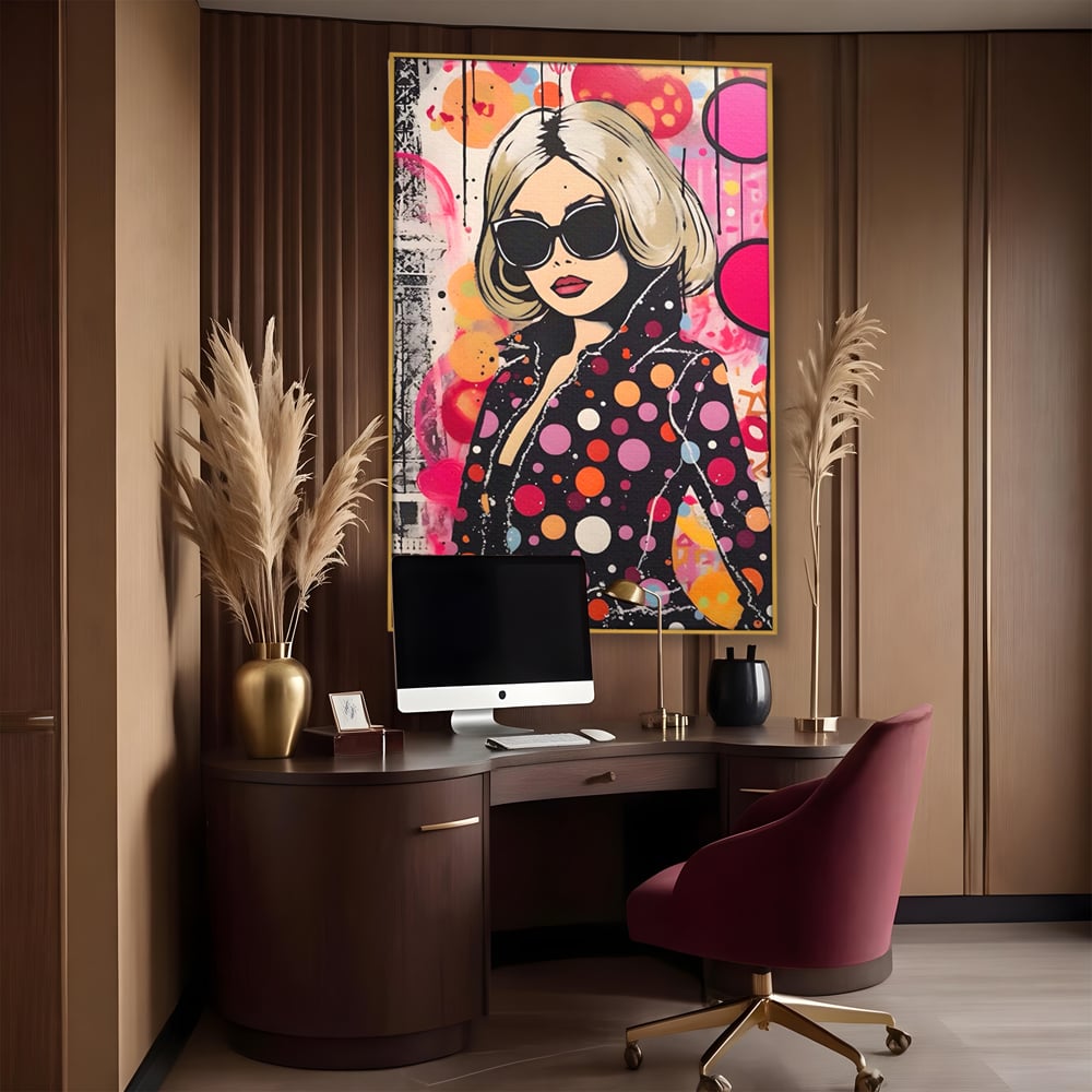 Tablou canvas cu tablou canvas cu portret pop art, in rama de aluminiu auriu, pe perete intr-un birou